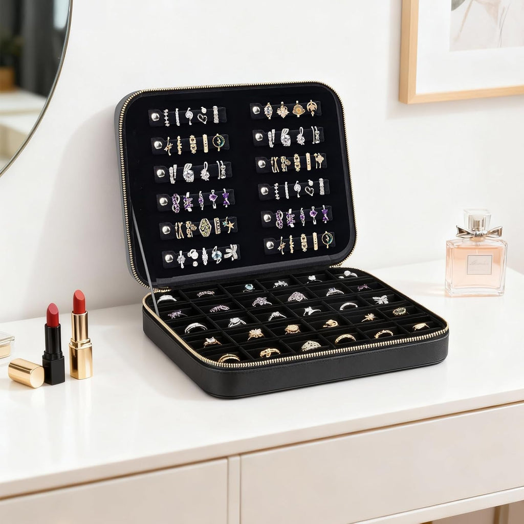 Large Capacity Ring Organizer Case for 90+ Rings & Jewelry Display | Black Cross-Grain Leather, Plush Velvet Lining, Shockproof, for Ring Collectors Jewelry Vendors Travel Home Display, Box Only