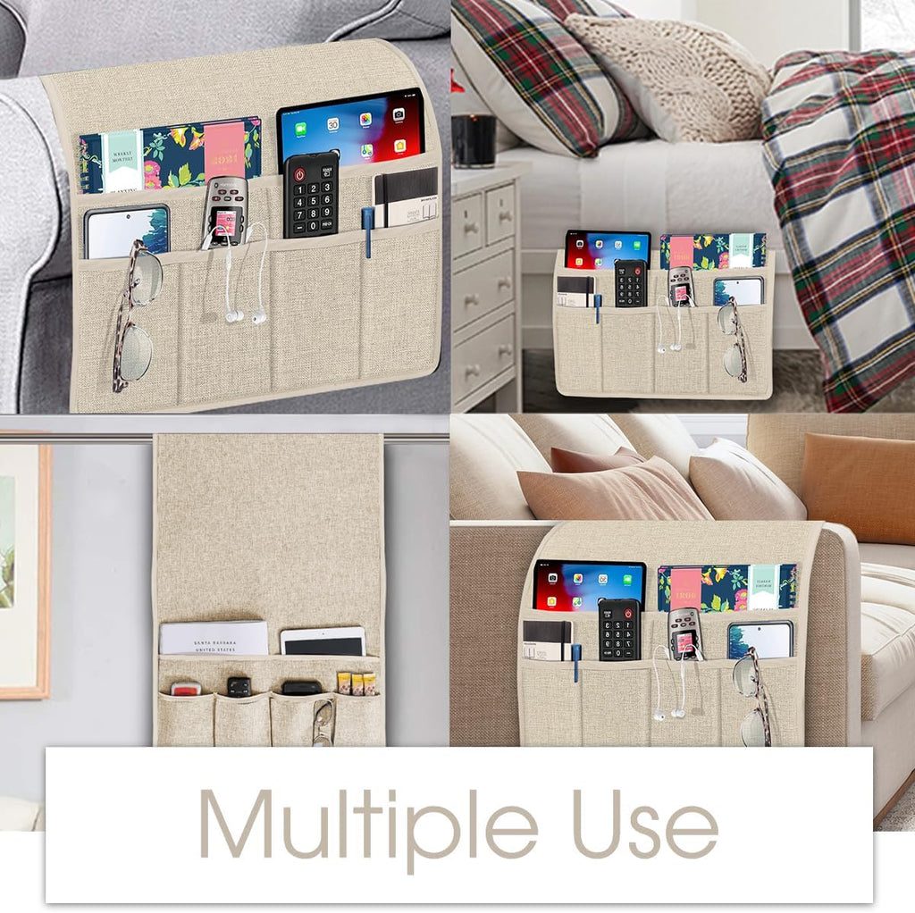 Joywell Beige Remote Control Holder Recliner Armchair Caddy Couch Caddy Sofa Armrest Organizer Linen Fabric Tan Taupe Sofa Arm Chair Caddie with 6 Pocket Storage for Magazine, Tablet, Phone, iPad