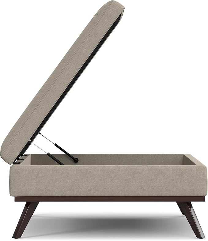 SIMPLIHOME Owen 40 inch Wide Mid Century Modern Square XL Coffee Table Storage Ottoman in Natural Polyester Fabric, Assembled, for The Living Room, Entryway and Family Room
