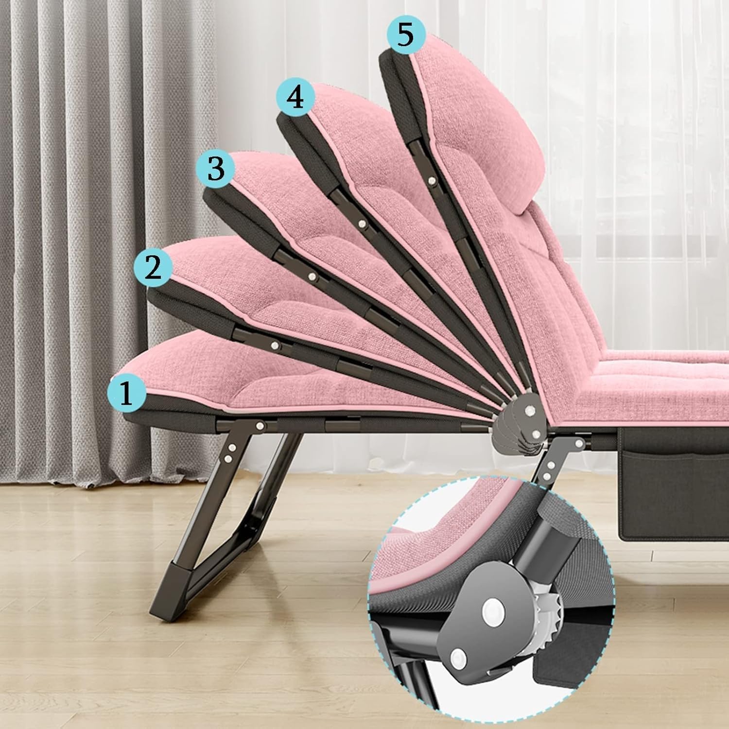 Folding Sun Lounger, 5-Position Adjustable Sunbed Padded Lounge Chair for Garden, Beach, Heavy Duty Reclining(Pink)