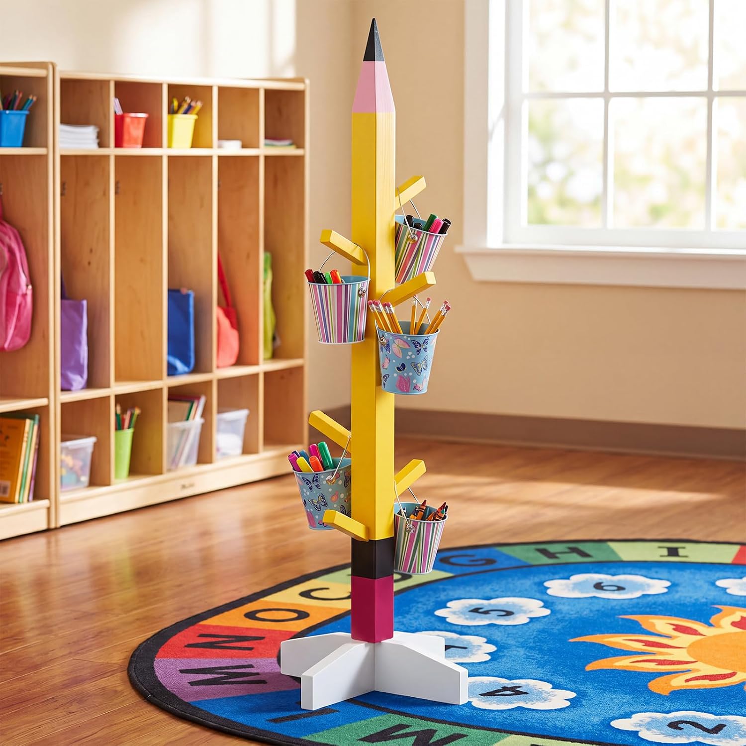 Mifoci Classroom Pencil Coat Rack Freestanding Bag Holder Heavy Duty Wood Pencil Shaped Backpack Rack Decorative Back to School Floor Coat Stand for Hat Cloth Key First Day of School Entryway Bathroom