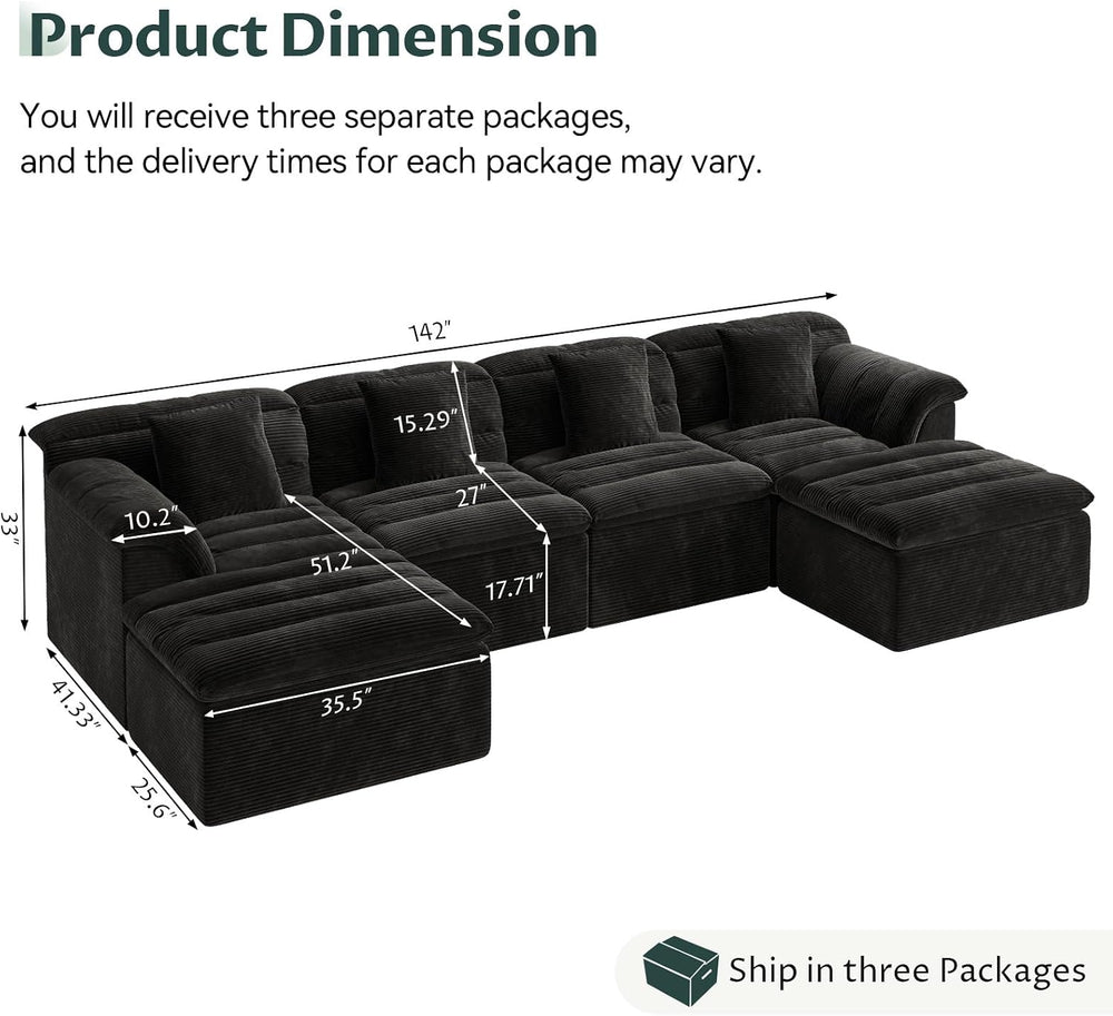 142" Modular Cloud Sectional Couch with Ottoman, Modern Upholstered Comp...