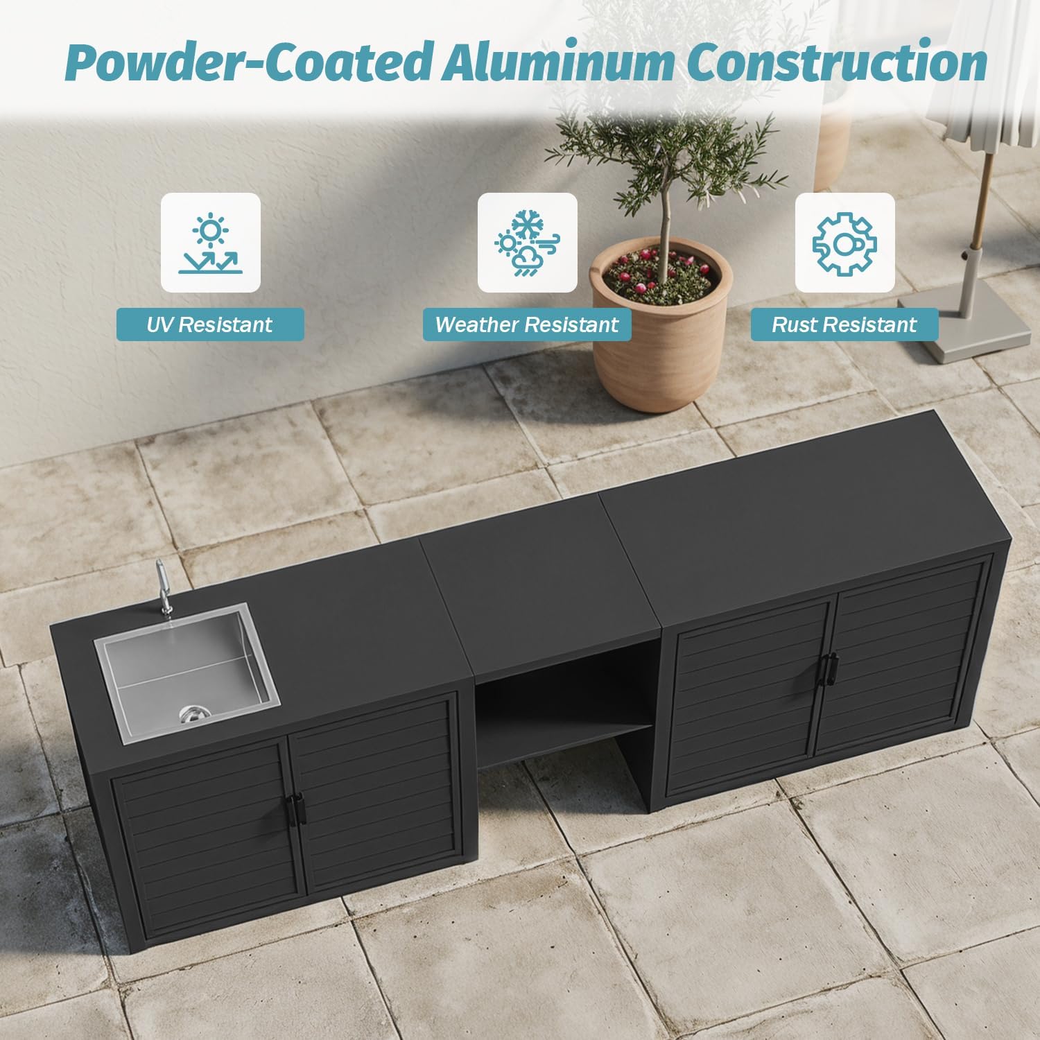Domi Outdoor Kitchen Island with Sink, Aluminum Outdoor Kitchen Cabinet with Large Storage Space, Powder-Coated Weather Resistant Patio BBQ Prep Station with Drop-in Sink and Wide Countertop