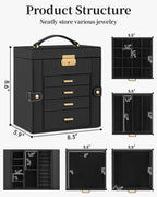 TORIBIO Jewelry Box for Women, Leather Jewelry Organizer with Mirror & Lock, 5-Tier Jewelry Storage Organizer with 4 Drawers for Girls/Women/Mothers, Necklace Earring Bracelets Holder Organizer