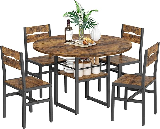 Round Dining Table Set for 4, Circle Kitchen Table and 4 Chairs, 5 piece Dining Table Set, with Wooden Tabletop and Widen Seat, Space Saving, for Dining Room, Rustic Brown and Black