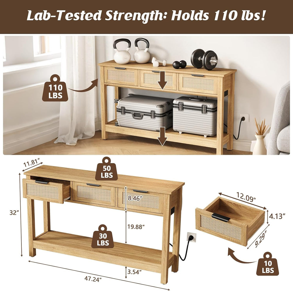 Luoxiao Entryway Table with Outlets & USB-C, 3 Drawers Rattan Console Tab...