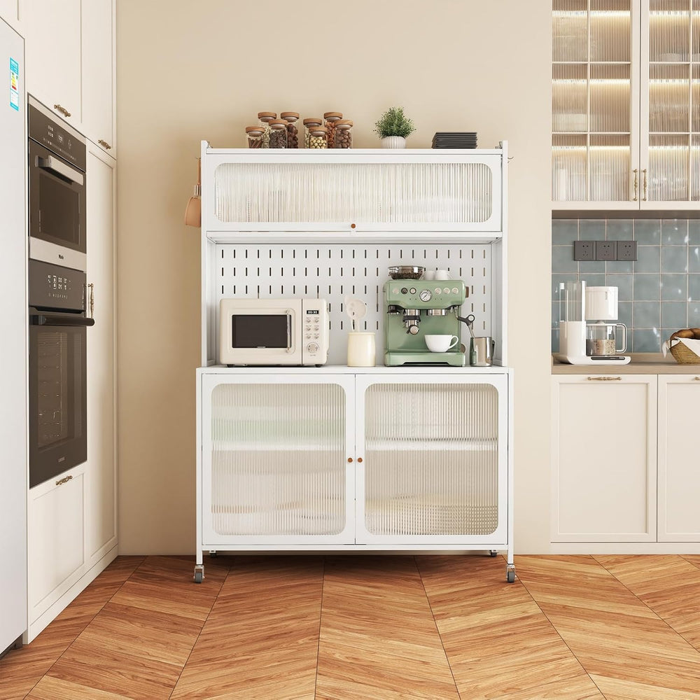 Kitchen Pantry Cabinet White, Tall Storage Cabinet with Glass Doors & Adj...