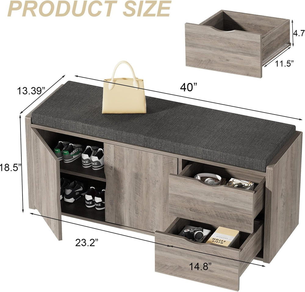 LVB 2-Tier Storage Bench with Padded Cushion, Entryway Shoe Bench with 2 Draw...