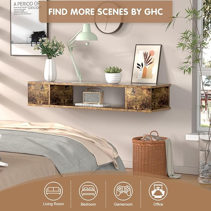 GHC Floating TV Stand, Wall Mounted Entertainment Center and Cabinet Shelf, TV Console with Storage, Media Console for DVD Player, Space-Saving Under TV Shelf for Bedroom (Rustic Brown)