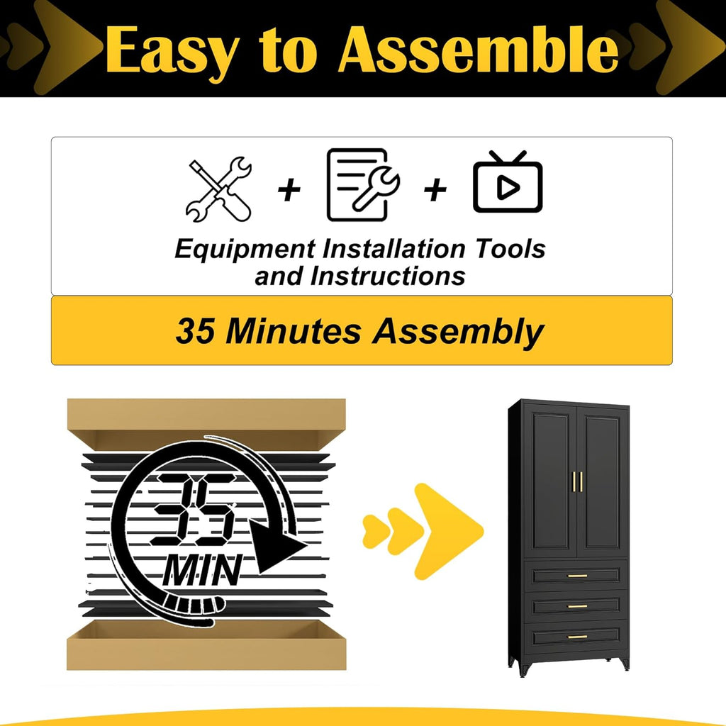 SteeLoong 75" Kitchen Pantry Cabinet with 3 Drawers,Metal Storage Cabinets with Doors and 2 Adjustable Shelves,Black Kitchen Cabinet with 2 Gold Handles,Food Cupboard for Livingroom, Bathroom,Pantry