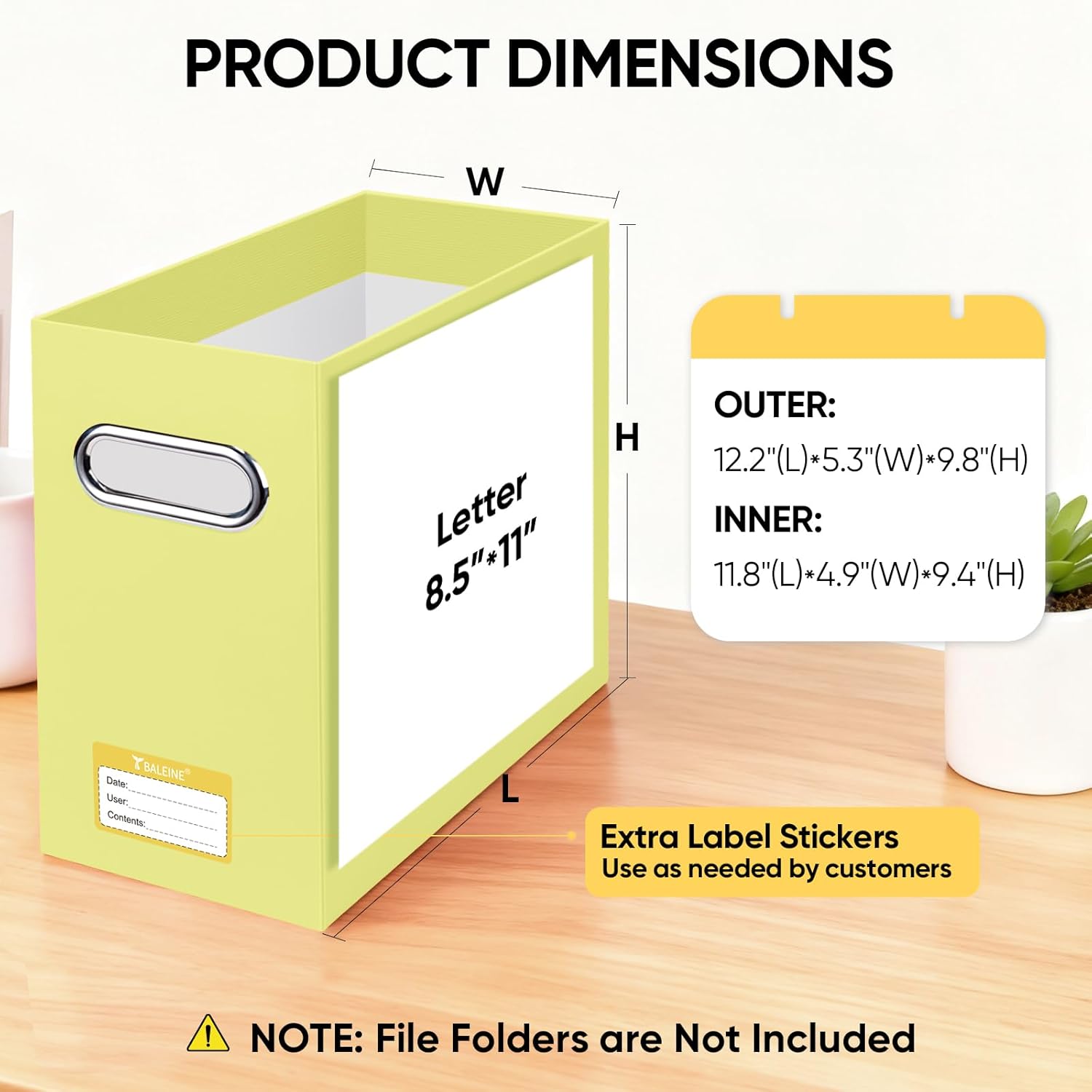 BALEINE File Organizer Box, Cardboard File Folder Organizer with Handle for Letter Size, Portable Collapsible Hanging Filing Box for Home Office Document Storage (4 Pack, Yellow)