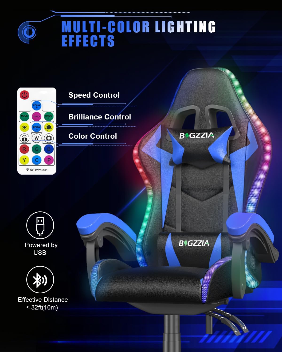 Bigzzia Gaming Chair with RGB LED Lights for Kids & Adults, High Back Ergonomic Computer Gamer Chair with Headrest and Lumbar Support, Racing Style Reclining Game Chair(Black/Blue)