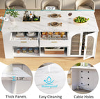 IBF 71" Modern Large Kitchen Island with Storage, White Faux Marble & White | Wood Island Table with Seating for 4, Stationary Island Cabinet with Drawers & Fridge Space, Counter Height Island Bar