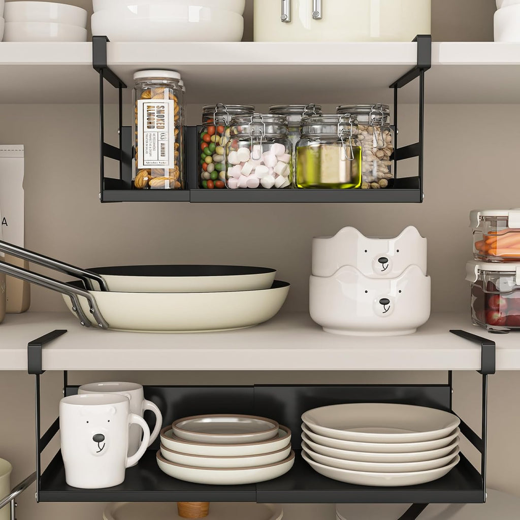 Expandable Under Cabinet Shelf Organizer with 0.94-Inch Thick Clips, Heavy Duty Extendable Under Shelf Storage Basket for Pantry or Laundry Room, Black, 2 Pack, Interior: 4.13" H x 7.2" D