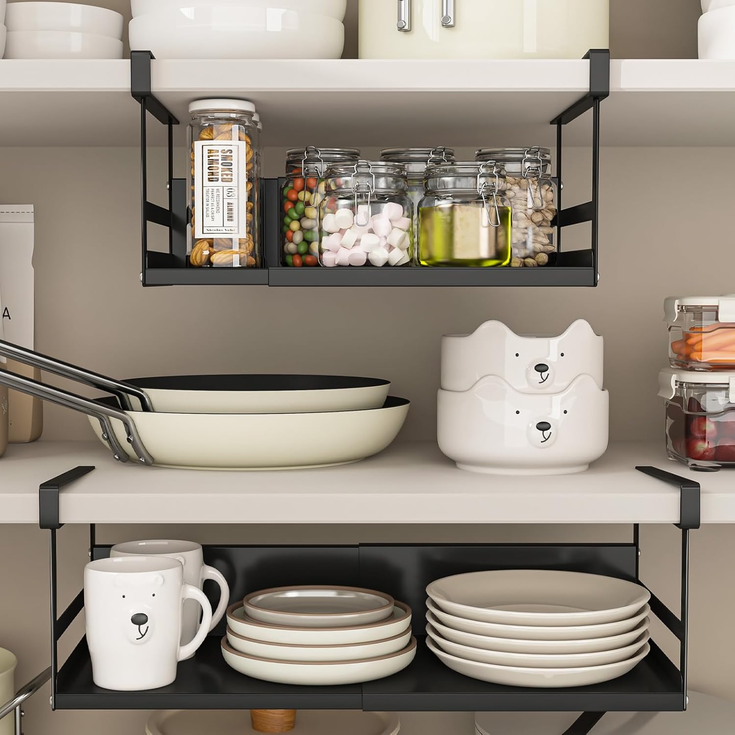 Expandable Under Cabinet Shelf Organizer with 1.25 Inches Thick Clips, Heavy Duty Extendable Under Shelf Storage Basket for Pantry or Laundry Room, Black, 1 Pack, Interior: 5.7" H x 8.54" D