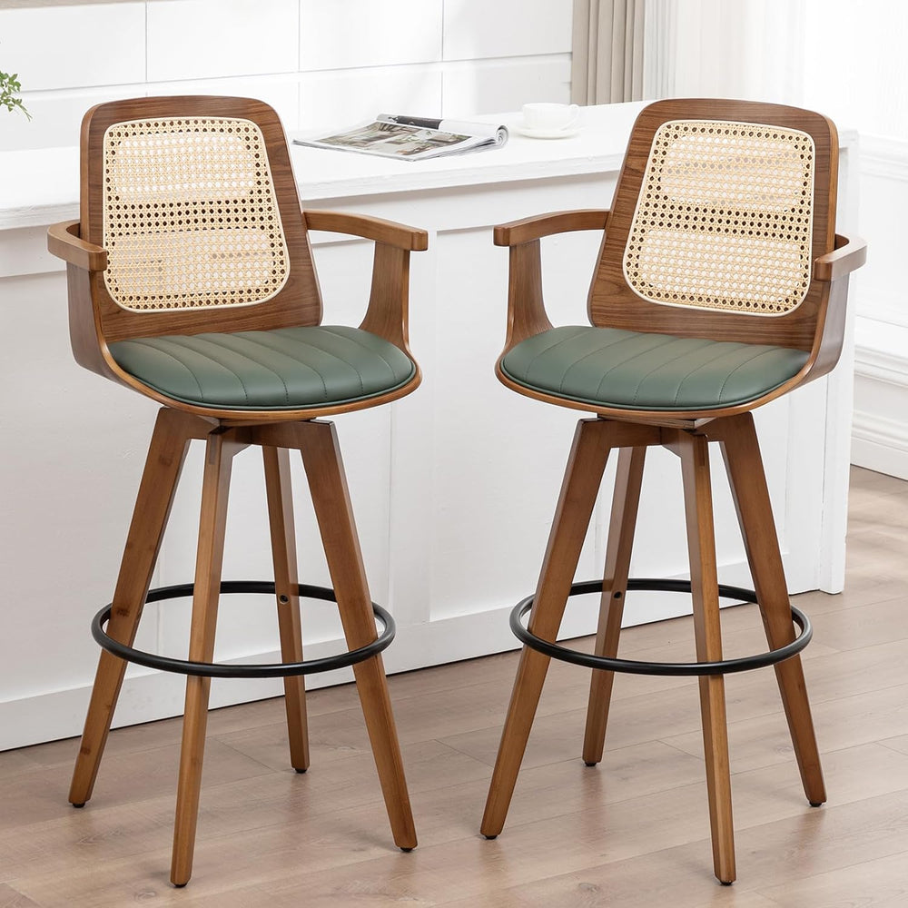 Mid Century Bar Stools, Rattan Bar Height Barstools with Curved Cane Back