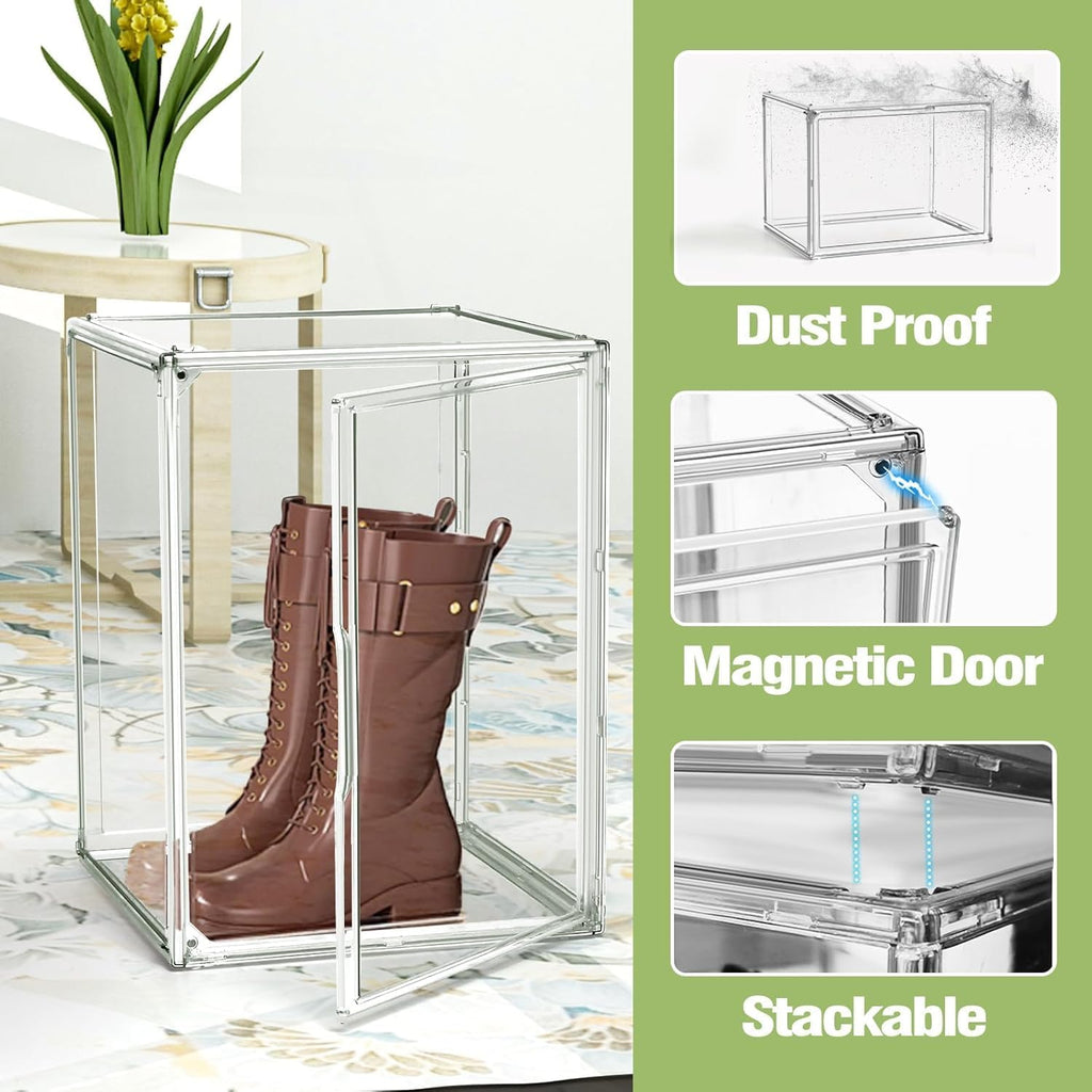 Tall Boot Storage Box 5 Pack, XX-Large Acrylic Shoe Box Sneaker Display Case 11.4'' x 9.8'' x 15.3'' Protection Organizer for Collectibles Clear Plastic Stackable Handbag Organizer with Magnetic Lids