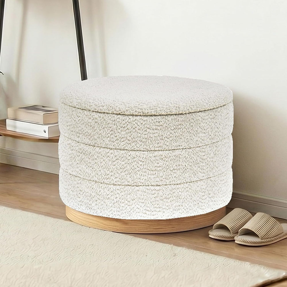 Round Storage Ottoman with Tray Lid, Folding Chenille Fabric Footrest with Hi...