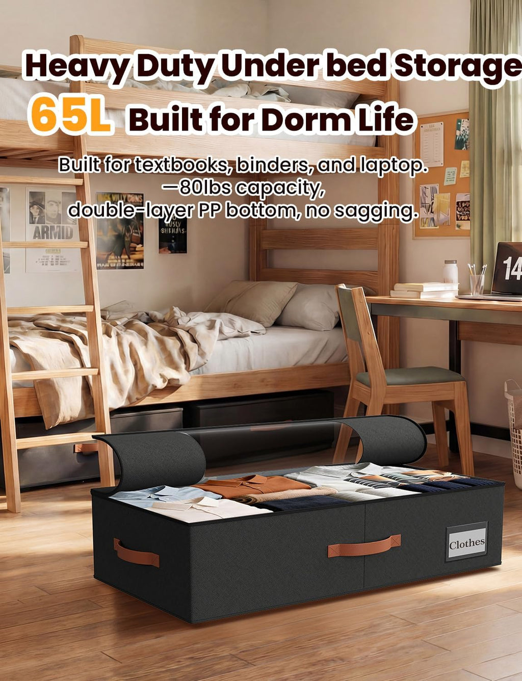 TOSKING 2-Pack Under Bed Storage Drawers with Wheels, 6 Vacuum Bags, 7.9" Height, Large 65L/80 lbs Clear Lid Rolling Bin, 900D Oxford, Space Saver for Dorm Bedroom, Blankets, Clothes, Shoes, Black