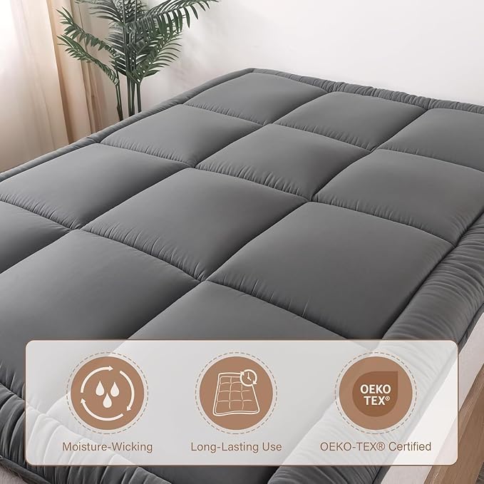 WhatsBedding Japanese Floor Mattress Futon Mattress 3" Grey Tatami Mat Shredded Memory Foam Filled Sleeping Pad, Foldable & Portable Roll Up Lounger Camping Bed for Kids and Adult,Queen Size 60"x 80"