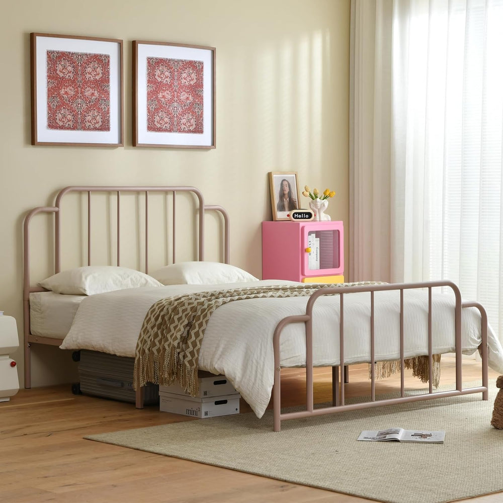 PINJU Pink Bed Frame,Full Size Metal Bed with Headboard and Footboard