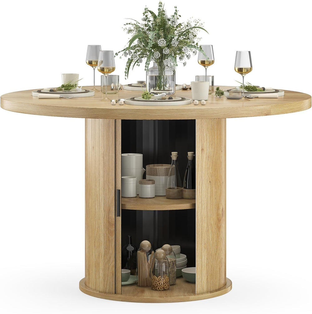 43.3'' Round Dining Table with Hidden Storage Space, Wooden Circle Ki...