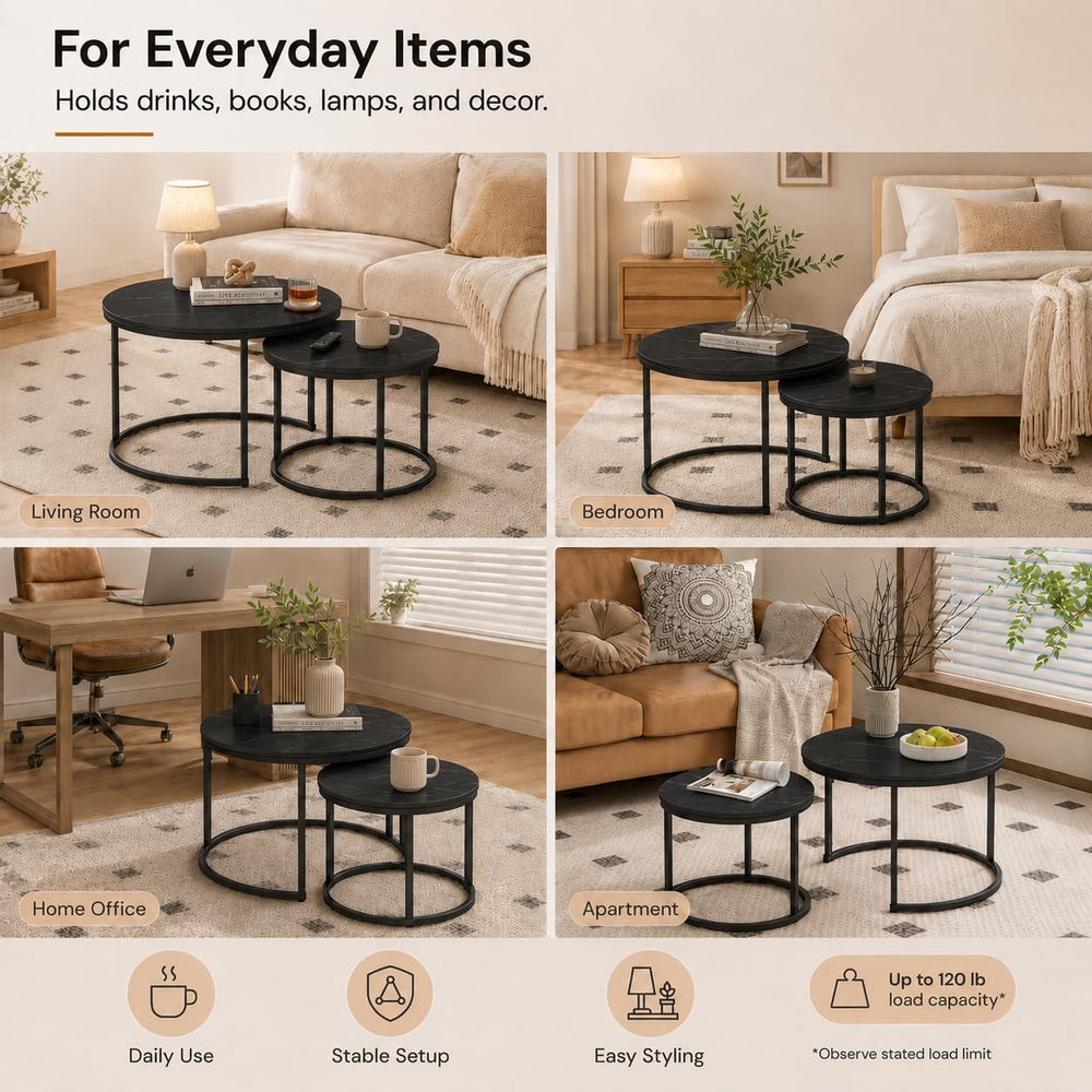 Nesting Coffee Table Set of 2，Black + Black | 27.6'' Industrial Coffe...