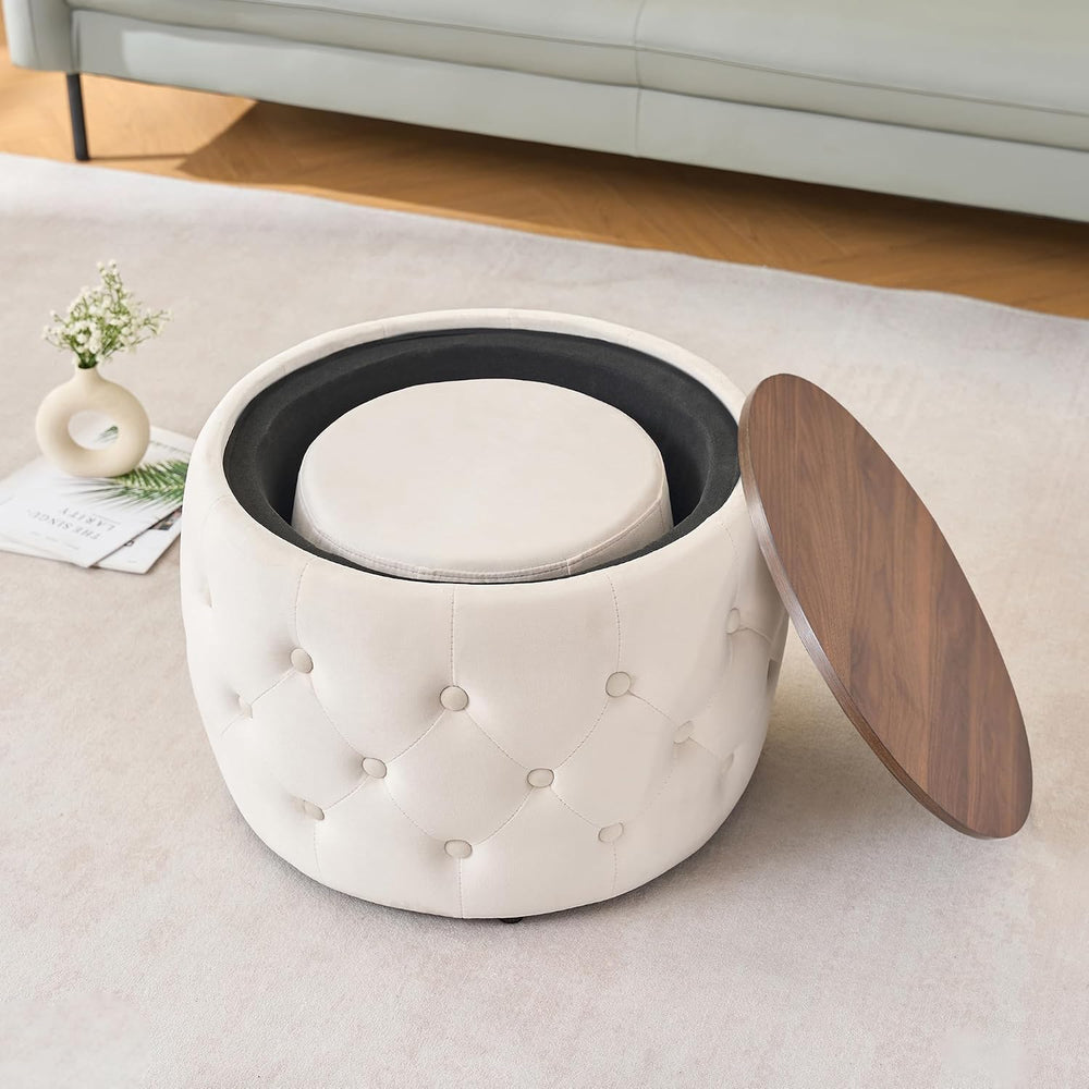 KEIKI Luxurious Velvet Nesting Ottomans of 2, 4-in-1 Round Storage Foot Stool...