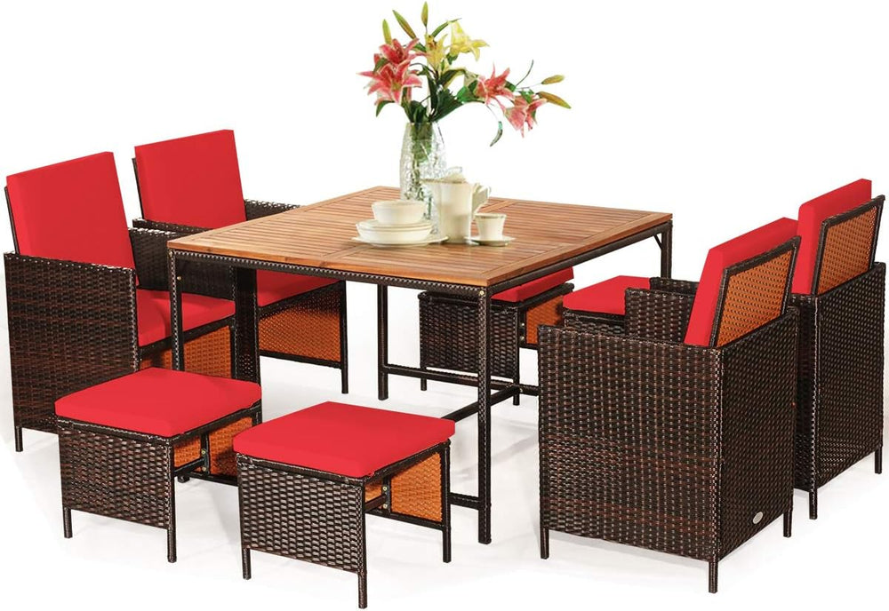 Tangkula 9 Pieces Acacia Wood Patio Dining Set, Space Saving Wicker Chairs an...