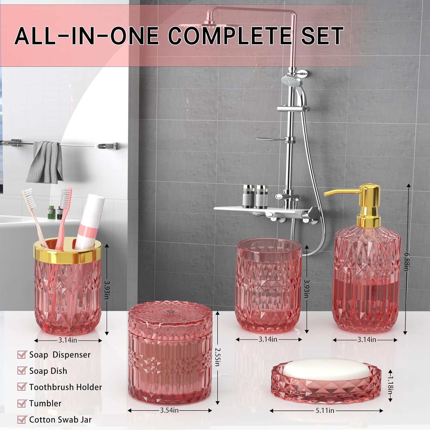 New Pink Bathroom Accessories Set, 5 Pcs Clear Glass Bathroom Accessories Sets with Lotion Soap Dispenser, Soap Dish, Toothbrush Holder, Bathroom Tumbler, Cotton Swab Jars, Perfect for Bathroom Decor