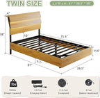 Feonase Floating Bed Frame Twin with Led Lights and Charging Station, Wood Full Size Bed Frame with Storage Headboard, Heavy Duty Metal Slats, No Box Spring Needed, Easy Assembly,Oak