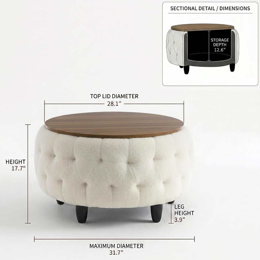 Large Round Storage Ottoman Coffee Table with Wooden Tabletop, 32 Inches Tedd...