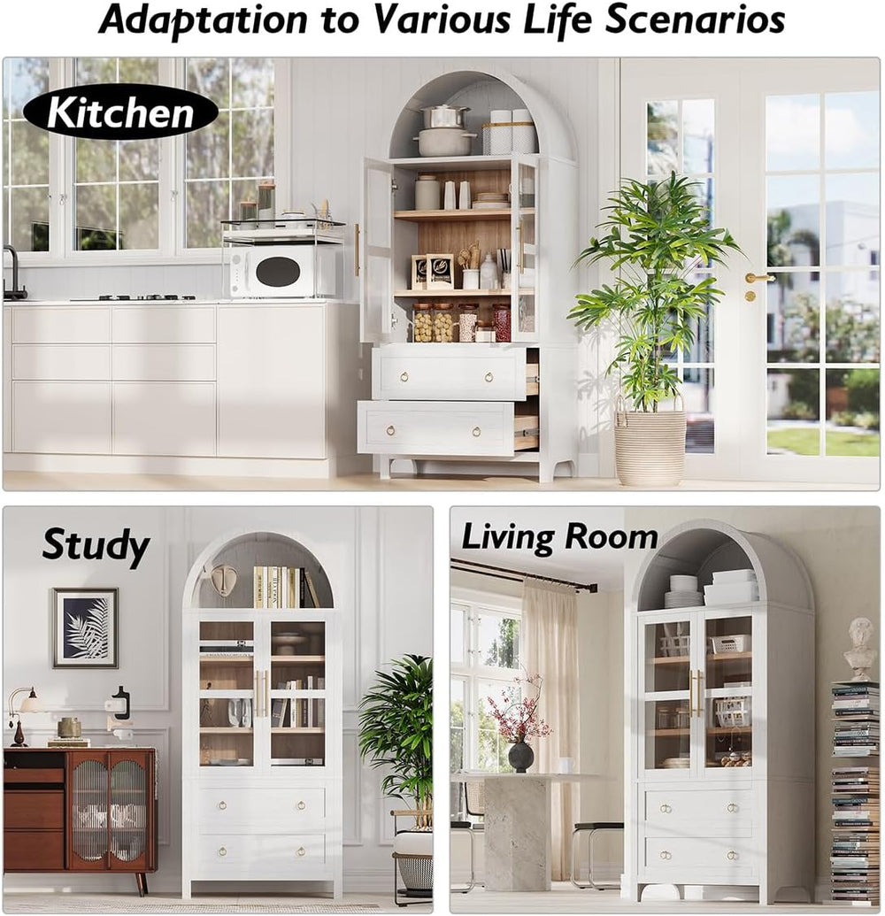 71" Tall Arched Kitchen Pantry Cabinet with 2 Large Drawers & Adjust...