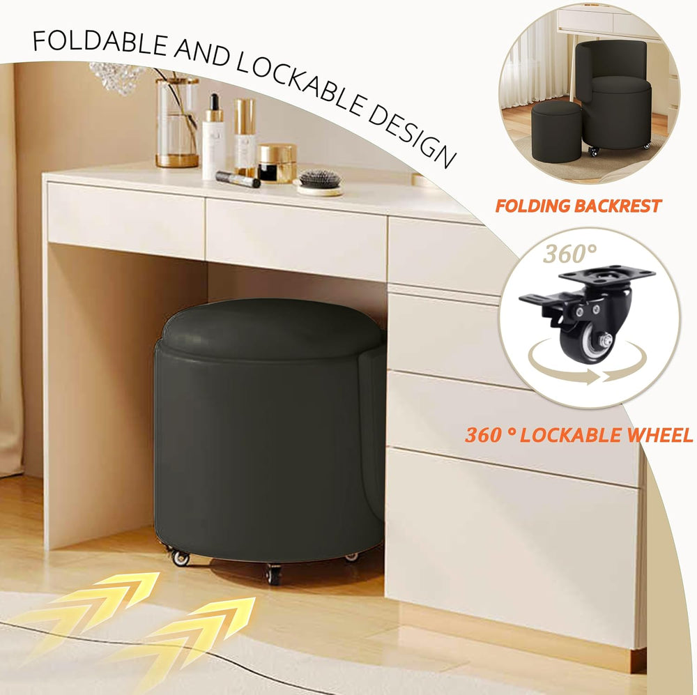 Round Vanity Chair with Storage, Rolling PU Leather Swivel Work Makeup Stool ...