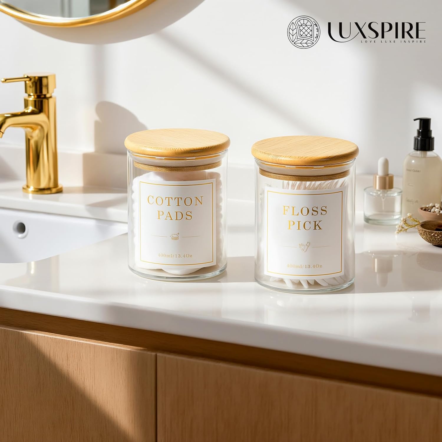 Luxspire 2 Pack Glass Qtip Holder Dispenser, 13.4 oz Cotton Swab Holder with Bamboo Lids, Glass Apothecary Jars Bathroom Accessories Canisters for Cotton Swabs, Balls, Pads, Floss Picks