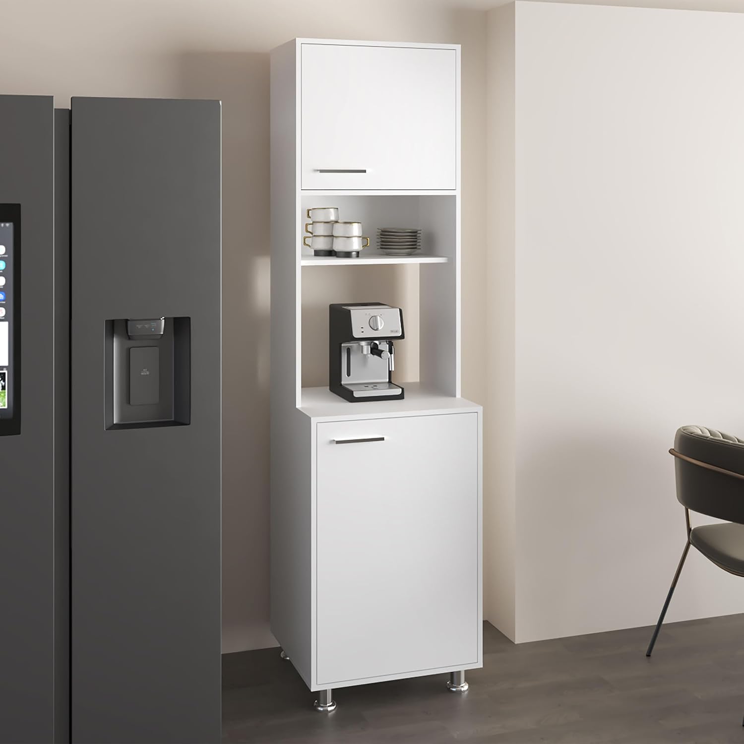 21.4" D*19.7" W*78.7" H Corner Kitchen Pantry with 3 Shelves, 2 Single Doors, Sliver Legs, Rectangular Storage Cabinet, Modern Minimalist, for Living Room, Dining Room, White