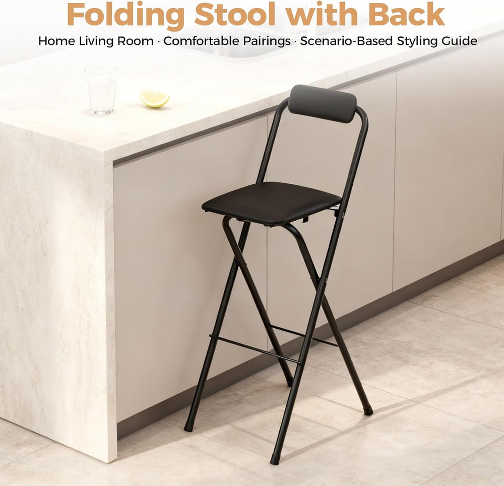 Folding Stool, Cushioned Padded Folding Stool Portable Bar Stool with Back fo...