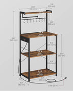 VASAGLE BARNET Collection - Kitchen Bakers Rack with Power Outlet, 23.6-Inch Wide Coffee Bar 4-Tier with 8 S Hooks, Modern Microwave Stand, Adjustable Shelf, Rustic Brown and Ink Black UKKS014K01V1
