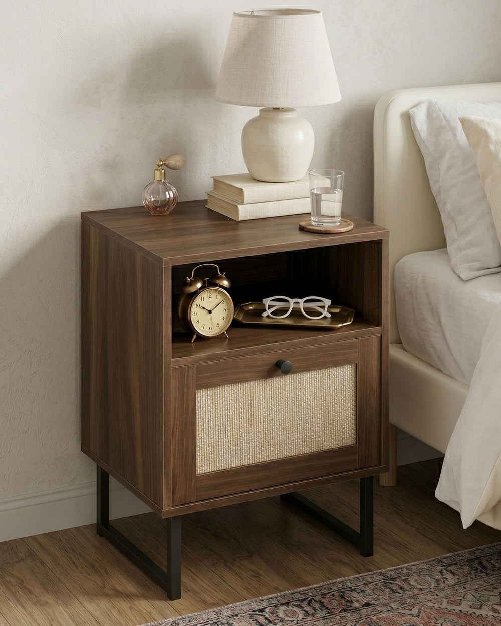 Rattan Nightstand, Boho Night Stand Farmhouse Wood Bedside Table with Storage...