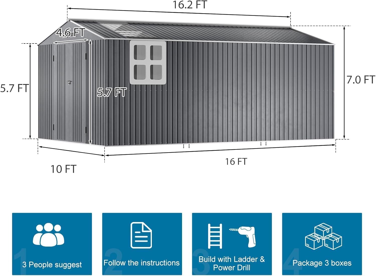 Restland 10x16 FT Outdoor Storage Shed Reinforced Frame Metal Shed with Clear Roof, Air Vent & Lockable Door Large Garden Tool Storage Sheds for Backyard, Garden, Lawn