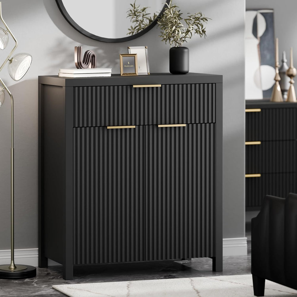 Lulive Black Fluted Storage Cabinet with Drawers Buffet Sideboard Cabinet wit...