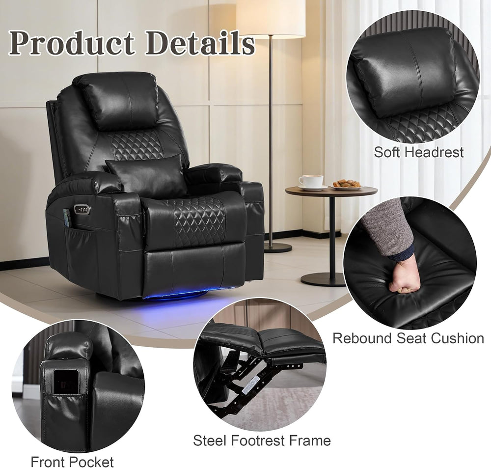 AHMED Dual Motor Power Swivel Rocker Recliner Chair, Faux Leather, Black | El...