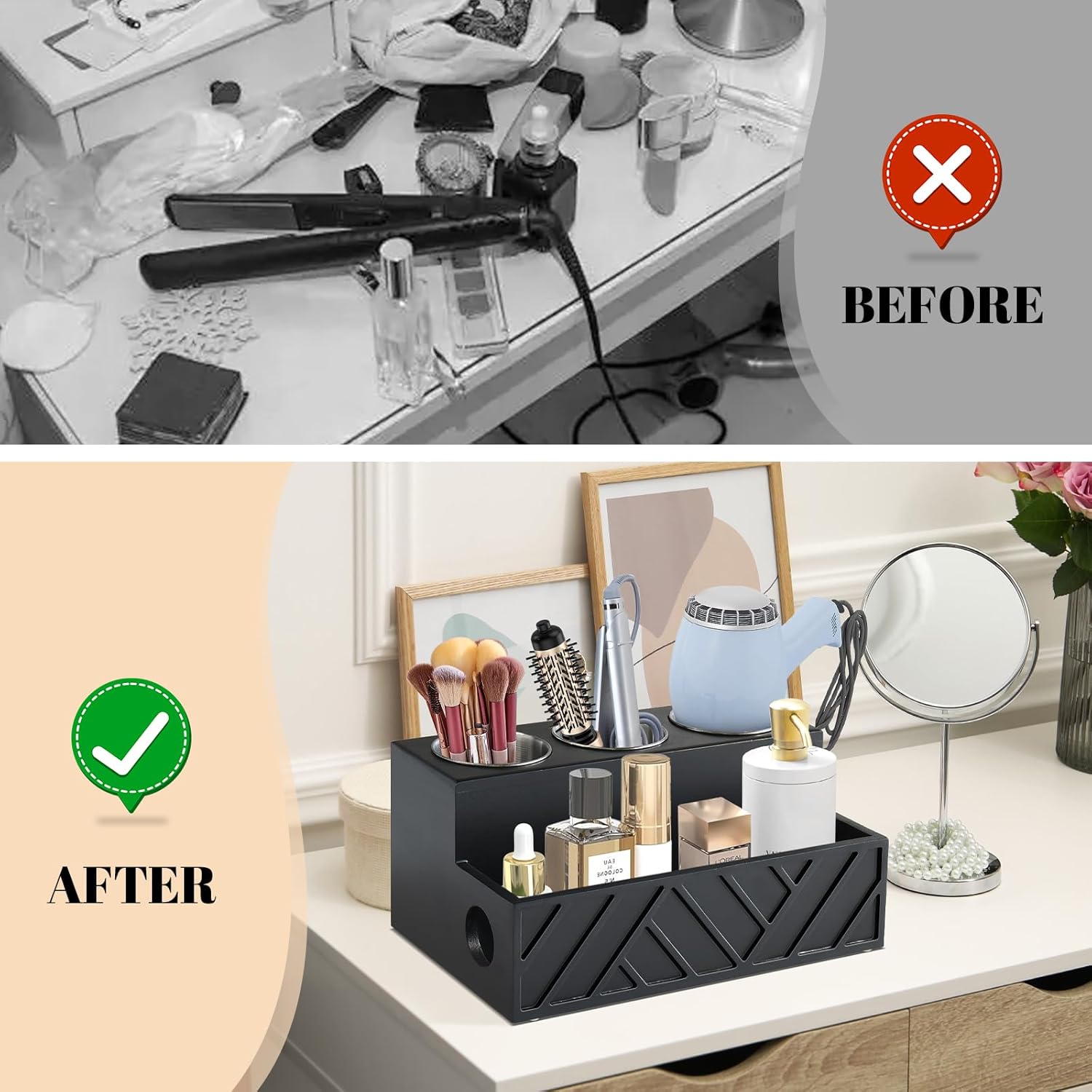 Unistyle Hair Tool Organizer, Wall Mounted, Bathroom Countertop, Vanity Organizer, Black, Wooden, Rectangular, Rustic, Art, 7.1 x 5.3 x 5.3 Inches, Paulownia Wood & Stainless Steel, 1.87 Pounds