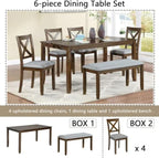 6-Piece Dining Table Set for 4-6 People, Kitchen Set with 4 Upholstered Chairs and One Bench, Living Room Chairs with X-Shape Backrest, Rectangular Wooden Table for Home Bar, Walnut