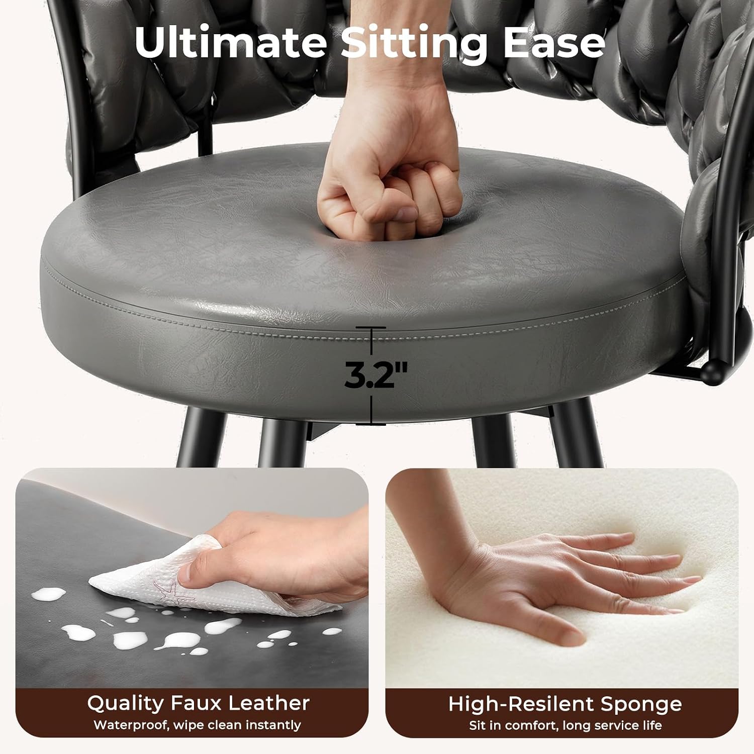 26" Counter Height Bar Stools Set of 2, Premium Faux Leather Barstools | Upholstered 360°Swivel Bar Chairs with Woven Backs Support & Heavy Duty Metal Legs for Kitchen Counter, Dark Grey