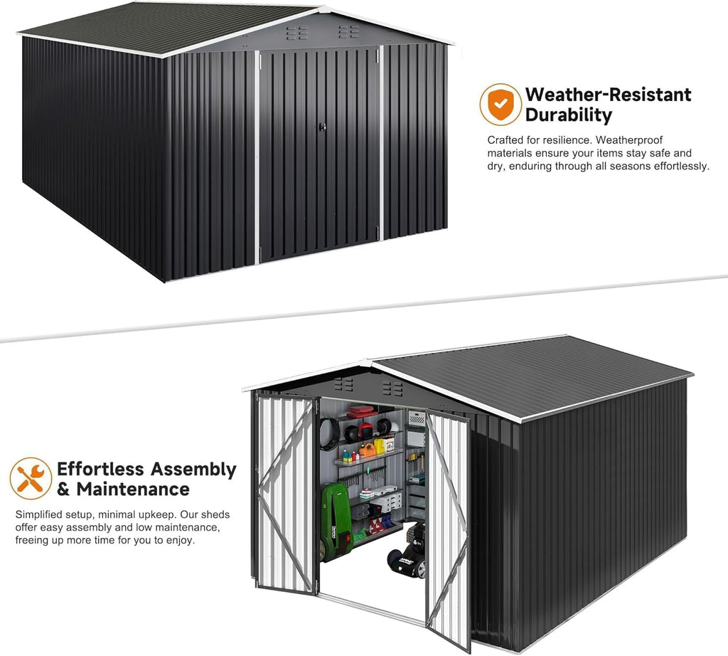 Polar Aurora 10 x 14 FT Outdoor Storage Shed, Metal Garden Shed with with Updated Frame Structure, Tool Sheds for Backyard Garden Patio Lawn, Black
