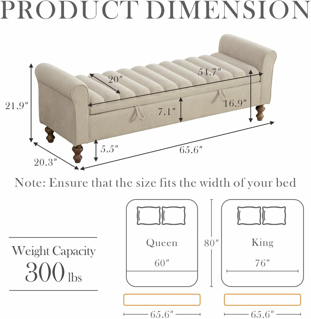 Aoiy & Wifon 65.55" W Large Storage Ottoman Bench, King Size End of ...