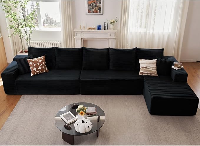 166.9" Cloud Sectional Couch with L-Shape Chaise, Upholstered Corduroy C...