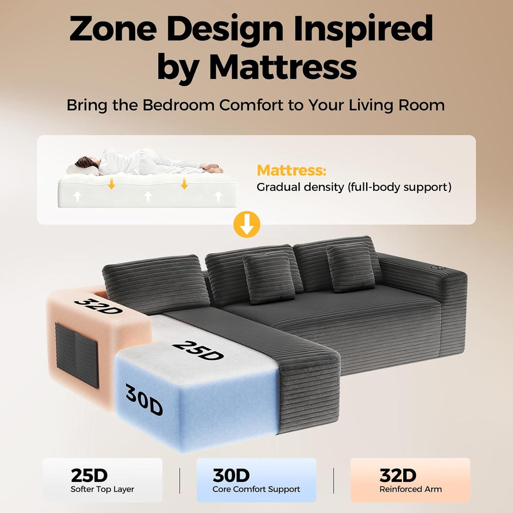 CAMMOO 108" L-Shaped Boneless Sectional Sofa, Cloud Couch in One Box | No Assembly Deep Seat, 4-Seater Sofa for Living Room, Storage Pockets, Plush Corduroy, Left-Facing Chaise, Grey