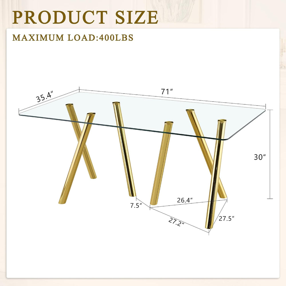 71" Glass Gold Dining Table for 6-8, Modern Dining Room Table with 0.39&...